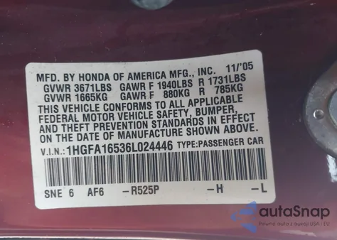2006 Honda Civic Lx from USA, damaged, VIN 1HGFA16536L024446